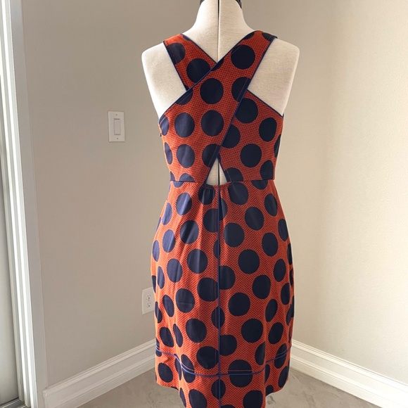 ANTHROPOLOGIE Maeve Dress Rokin Polka Dot Sleeveless Cross-Back Blue Orange Sz 4 - Picture 2 of 16